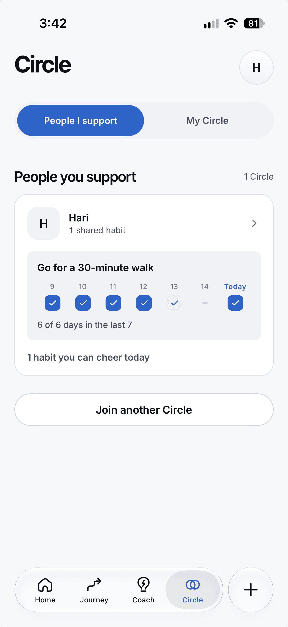 The supporter view in Anew, showing a friend's shared walking habit and its recent history.