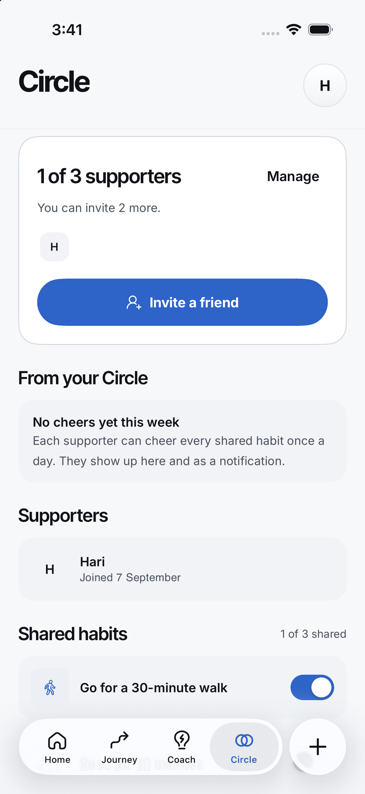 My Circle in Anew, with one supporter and controls to choose which habits are shared.