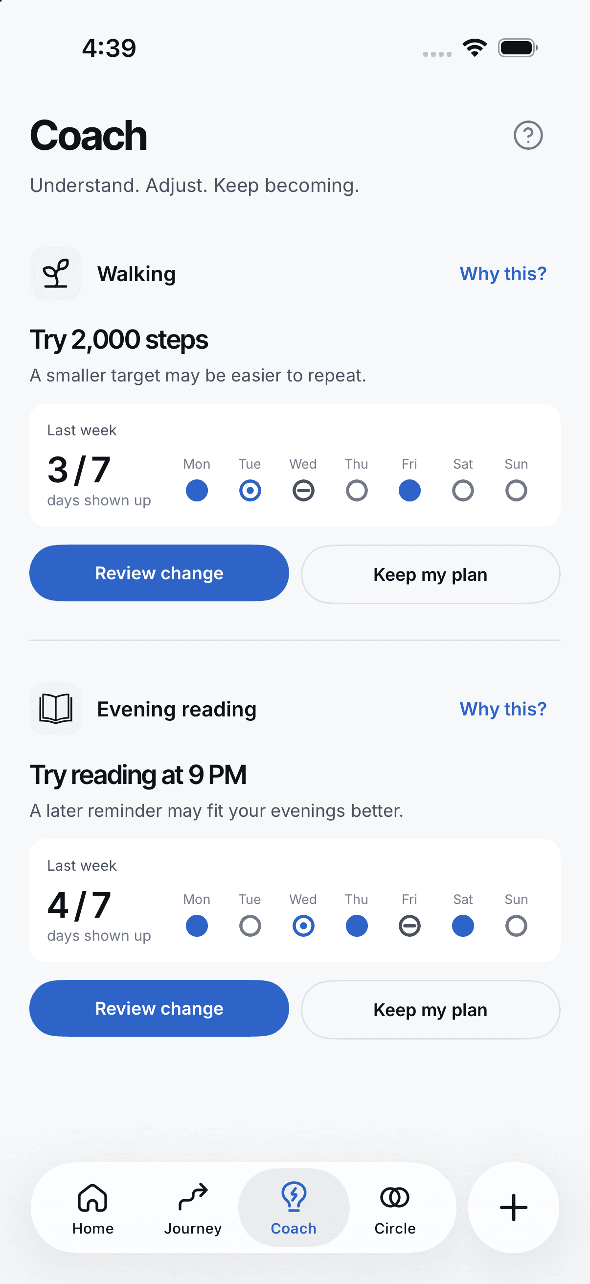 Anew Coach with Walking and Evening reading suggestions, weekly history, and Review change or Keep my plan choices.