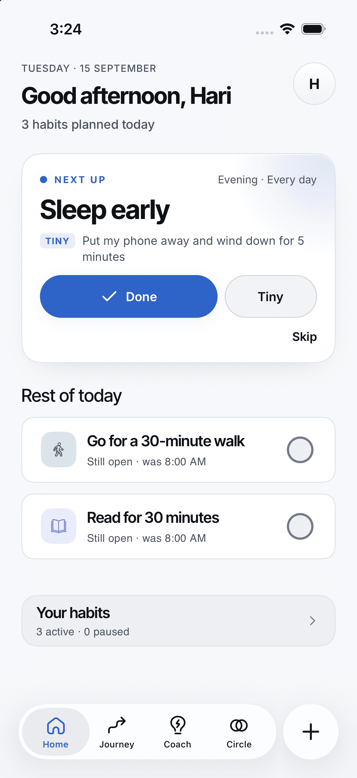 Anew Home showing today's habits, with Done, Tiny and Skip choices.